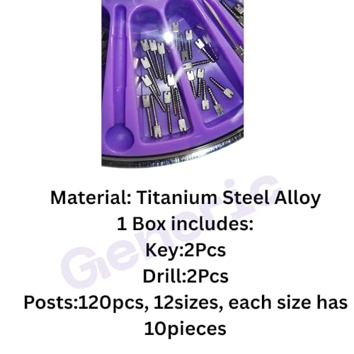 Image of Dental Titanium Steel Alloy Screw Post Root Canal Pin Conical Core Crown 120 Pcs Kit with 12 Sizes, 2 Keys & 2 Drills for Post Core Restoration