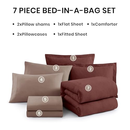 Monbix Full Size Comforter Set, Dark Red Bedding Comforter for Full Size Bed Set Reversible, Bedding Sets Full 7 Pieces, Cationic Dyeing Bed in a Bag with Comforter, Sheets, Pillowcases & Shams