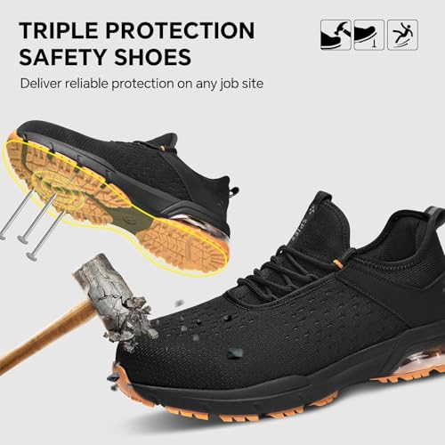 SPIEZ Safety Shoes for Men Women - Air Cushion Non-Steel Composite Toe, Lightweight Fashion Sneaker Design,Slip-On with Adjustable Laces, All-Day Protection, Black Orange US 6-13.5 - Image 4