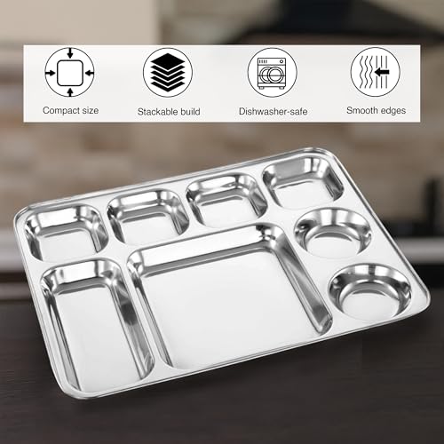 Image of Expresso Heavy Duty Stainless Steel Rectangle Dinner Plate w /8 Sections Divided Mess Trays for Kids Lunch, Camping, Events & Every Day Use Kitchenware - Set of 2 Pcs