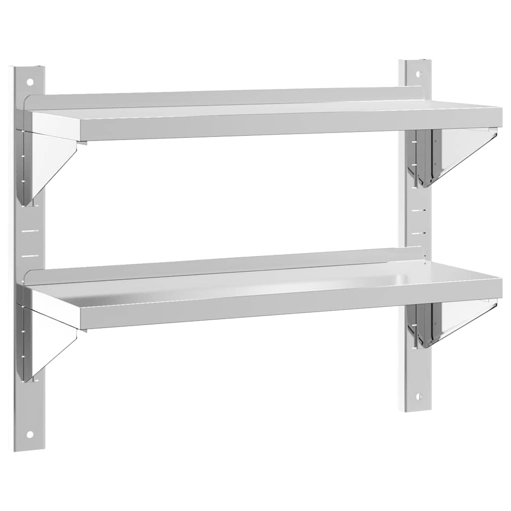 Estantería de pared con 2 estantes, 75 x 23,5 x 60 cm, acero inoxidable plateado, para gastronomía y hogar, estantería flotante resistente con borde y soportes de pared, bordo de pared para