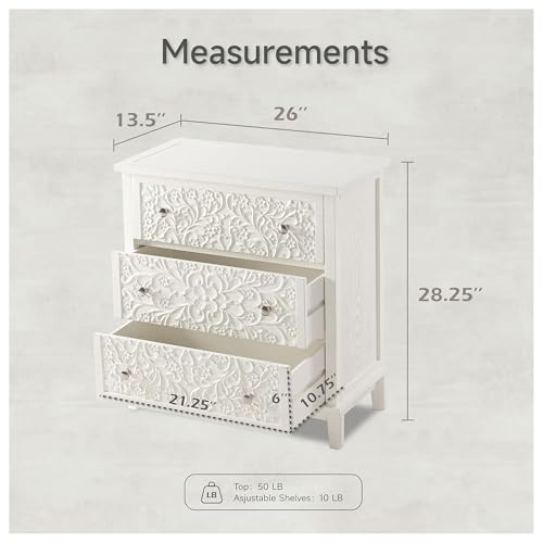 COZAYH 3-Drawer Fully-Assembled Flower Motif Dresser for French Country, Farmhouse, Modern, Rustic Style, Distressed Finish, White-Washed - Image 3