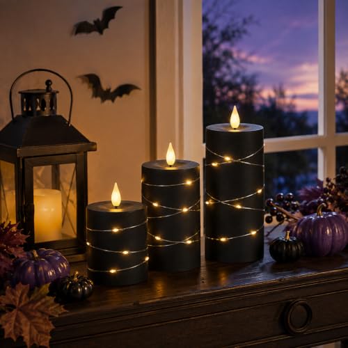 Image of Homemory Black Flameless Candles with Fairy Lights, Remote Timer, Set of 5