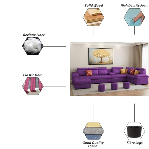 Image of Casaliving Emerson Modern U-Shaped Sectional Sofa Set 9 Seater, Sofa Couch with 3 Puffy for Hall (Purple Colour) Premium Leatherette Fabric Sofa