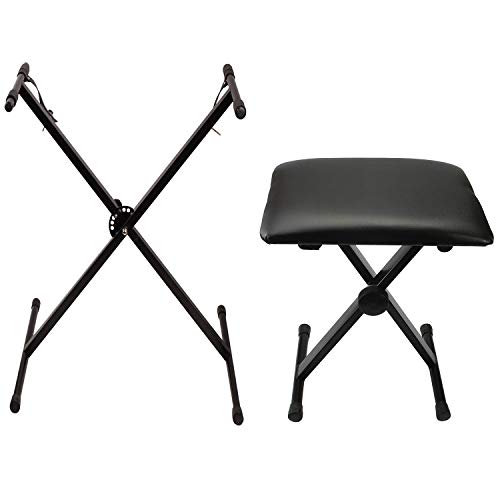 Kuyal X Style Cushion Padded Piano Keyboard Bench and Adjustable Single X Keyboard Stand Package- Black (Single X Stand & Bench Pack)