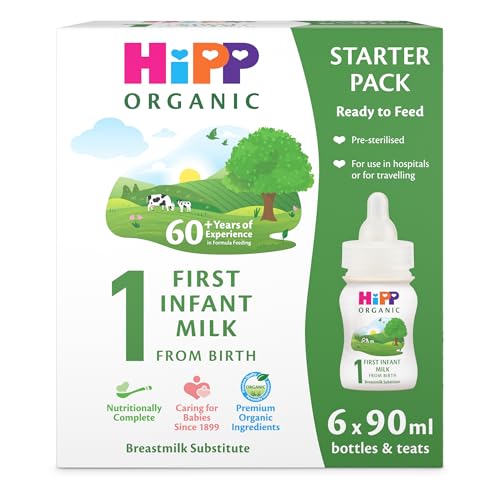 HiPP Organic 1 First Infant Baby Milk Ready to Feed Liquid Formula Starter Pack, From Birth (6 x 90ml bottles)