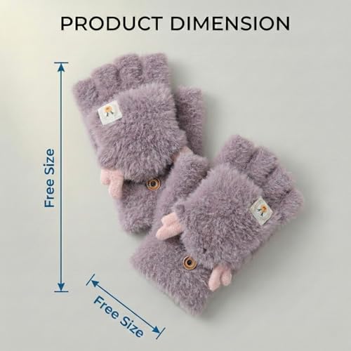 Image of Kraptick Women's Cute Reindeer Plush Convertible Fingerless Gloves - Winter Warm Fluffy Flip-Top Mittens - Korean Style Soft Hand Warmers for Girls & Ladies (Free Size, White)-3