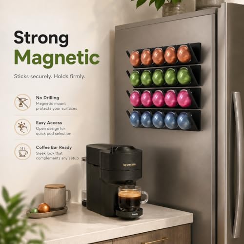 Image of LifeMoreasy Magnetic Coffee Pods Holder for Nespresso Vertuo & Dolce Gusto, Self-Adhesive Wall Mounted Capsule Organizer for Kitchen Cabinet Fridge(4 Packs for 20 Pods)