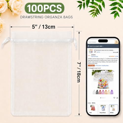 Image of ANZNKU 100PCS Premium White Organza Bags 5x7 inches Mesh Bags Drawstring, Small Gift Pouches for Christmas Easter Wedding Makeup Party Favor, Treat Sachet Pouch for Baby Shower Graduation