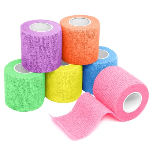 FriCARE Self Adhesive Bandage Wrap, Medical Tape in First Aid Kit Cohesive Bandage Wrap for Sport & Athletic, Breathable Vet Wrap for Wounds, FSA/HSA Eligible 2" X 5 Yards 6 Rolls Fluorescent Colors