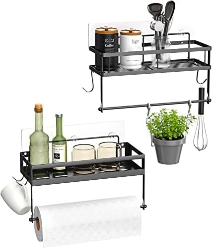 ESOW Paper Towel Holder with Shelf Storage, Adhesive Wall Mount 2-in-1 Basket Organizer for Kitchen & Bathroom, Durable Metal Wire Design, Stainless Steel 304 Matte Black Finish, 2 Packs
