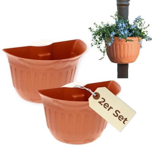 GarPet 2er Set Blumentopf für Regenrohr Wandtopf Fallrohr Blumentopf Wandblumentopf Regenrohr Pflanzengefäß Dachrinne Fallrohrpflanzgefäß Hängetopf Regenrinne Terracotta