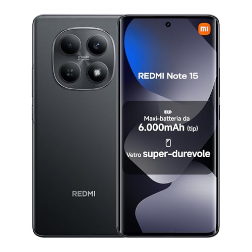 XIAOMI Redmi Note 15, Smartphone 6+128GB, Batteria da 6000 mAh, Resistenza all’acqua, Fotocamera super nitida da 108 MP, Display FHD+ da 6,77', Nero, Garanzia 2 anni, Caricatore non incluso
