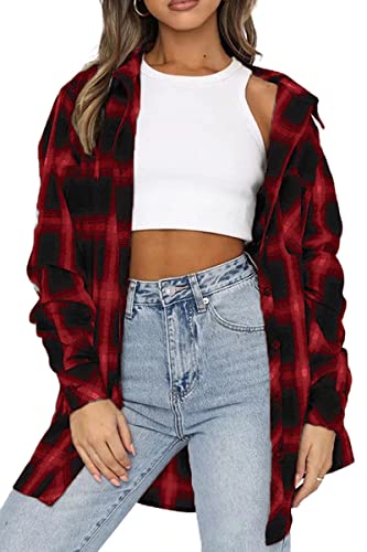 Image of CHYRII Womens Button Down Flannel Shirts Long Sleeve Plaid Shackets Business Casual Blouse Top