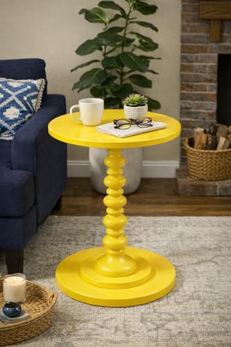 Image of Kundi Round Coffee End Table for Living Room - Modern Brown Accent Pedestal Side Table for Bedroom & Home Decor (Yellow)