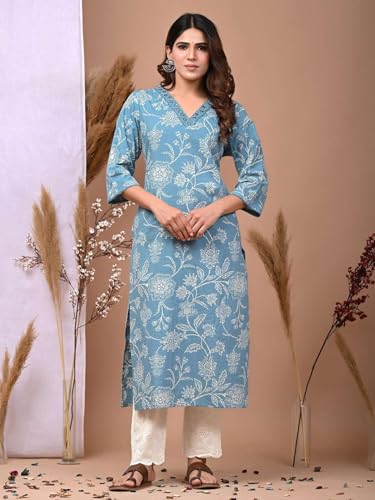Image of Rimeline Women's Cotton Printed Kurta with Embellished V-Neck Design | Straight Fit Ethnic Wear for Office, Casual & Daily Use