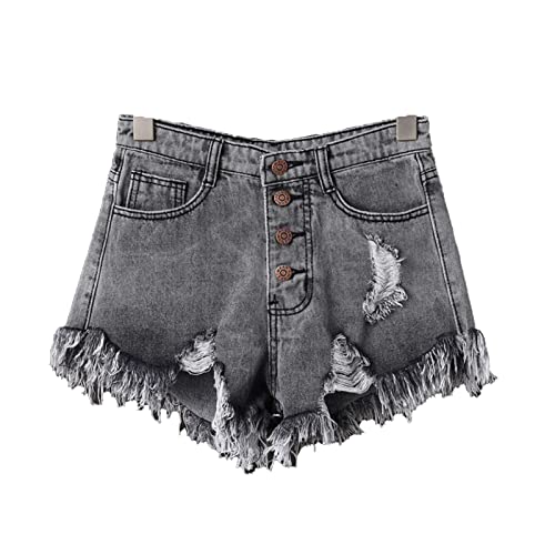 JEKE-DG Women's Button Down High Rise Jeans Shorts Ripped Casual Denim Shorts Frayed Raw Hem Stretchy Denim Shorts (XX-Large,Dark Grey)