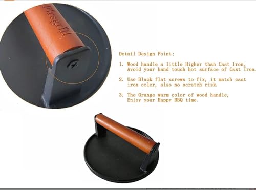Firsgrill Burger Press 6.6" Round Heavy-Duty Cast Iron Smash Meat Steak with Wood Handle for Blackstone Weber Treager Griddle Grills (YPX) (Flate 6.5" Round & 4.3X8.3 Rectangle)