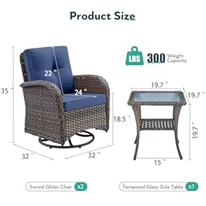 Outdoor Swivel Glider Rocker Chairs - 3 Piece Patio Furniture Set, Patio Bistro Sets with Tempered Glass Side Table, for Balcony, Porch - Brown Wicker, Blue Cushion Outdoor Swivel Glider Rocker Chairs 3 Piece Patio Furniture Set Patio Bistro Sets with Tempered Glass Side Table for Balcony Porch Brown Wicker Blue Cushion