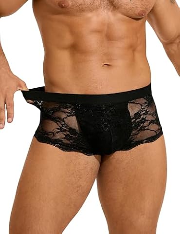 ohmydear Męskie seksowne koronkowe majtki z elastycznym paskiem przezroczyste szorty bokserki hipsterskie obcisłe plus size bielizna, Czarny, XXL