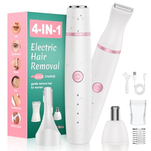 Rasierer Damen,4-In-1 Intimrasierer für Frauen,Gesichtshaarentferner,Nasenhaartrimmer&Augenbrauenrasier, Trocken&Nass Damenrasierer Elektrisch für Bikinizone,Gesicht,Nase/Ohren,IPX6&USB Aufladung Plug