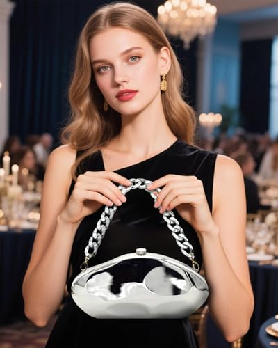 Image of Acrylic Silver Evening Clutch Purse for Women, Wedding Guest Clutch Metal Chain Shoulder Crossbody Bag