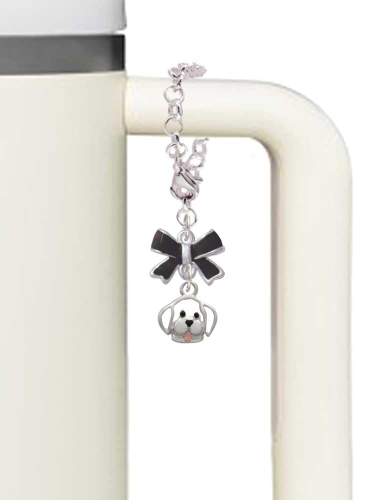 Delight Jewelry Silvertone Small Outline Dog Face - Black Bow Charm Accessory for Tumblers and Thermal Cups
