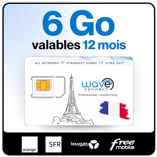 Wave Connect SIM Données France 4 Réseaux, 6 Go valables 12 Mois, Bouygues, Free, Orange, SFR, 4G, 5G, Prépayée, Active dès La Première Utilisation, UE, IoT,...