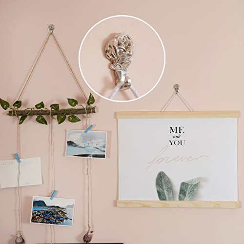 Image of 15 Pack Rose Shape Push Pin Hooks Picture Hangers for Hanging Or Holding Down Charts,Banners,Calendars,Posters,Picture,Photo Frame,Keys (Silver)