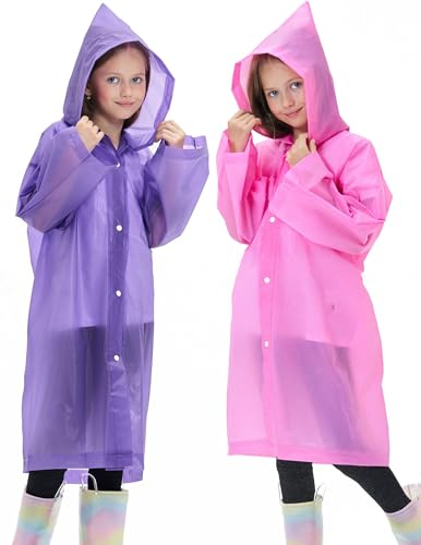 Image of 2 Pack Reusable Waterproof Raincoat EVA Emergency Rain Ponchos One Size Rain Jacket for Children, Boys and Girls