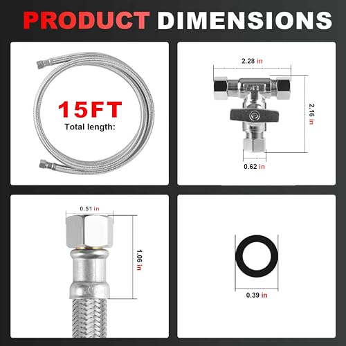 Image of Refrigerator Water Line Kit 15ft inchwith Tee StopValve PEX Inner Tube | Ice Maker Water Line Kit, Stainless Steel Braided Compression Fridge Water Line, for Refrigerator Ice Make
