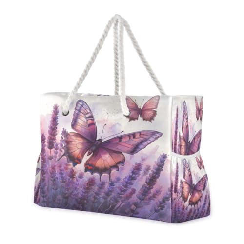 ATTX Lavender Field with Butterflies Beach Bags for Women - Large Beach Bags with Zipper Waterproof Sandproof Swim Pool Bag Large Tote#94
