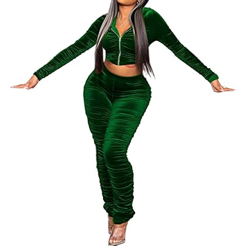 Womens Long Sleeve Velvet Ruched Matching Set Zipper Hoodie Crop Top and Long Pant Sweatsuits for Women Set Green XX-Large, Green, XXL Cover