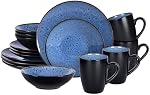 HomeVSS 16-Piece Porcelain Dinnerware Set with Reactive Glaze - Plates & Bowls Sets, 4 Deep Plates, Bowls, Mugs, Microwave & Dishwasher Safe, Stackable Art Tableware for Family- Capri Blue