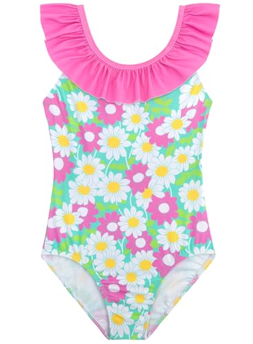 Image of XiaoMoSha Girls Swimsuits Ruffled Round Neck One Piece Bathing Suits Quick Dry UPF 50+ Summer Hawaii Swimwear for Kids 3-10T