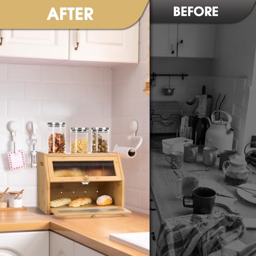 Large Bread Box for Kitchen Countertop, Wooden Bread Bin with Double Layer Storage and 0.6-inch Thick Natural Wood Panels, Rustic Bread Box Organizer for Kitchen (Natural Wood)