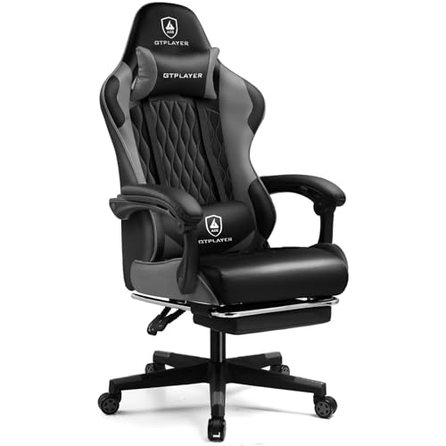 GTPLAYER Chaise Gaming，Chaise Gamer Ergonomique avec Repose-Pieds et Siège à Ressorts- Hauteur Réglable, Appui-Tête et Support Lombaire Charge Max 150kg Gris