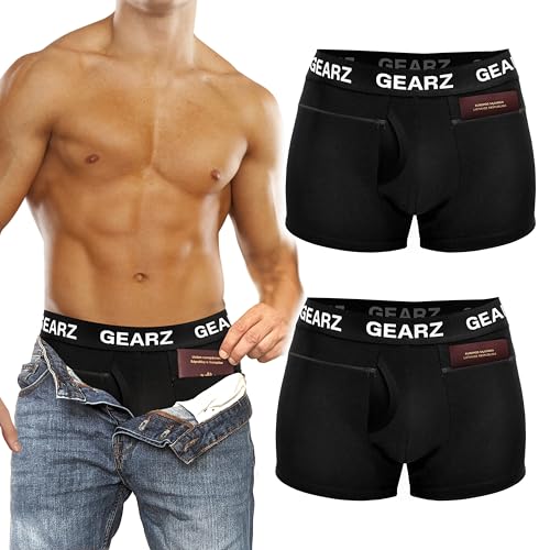 GEARZ 2 Packs Men's Hidden Pocket Boxer Briefs with Fly - Pickpocket Proof Travel Underwear Pockets - Anti Theft Wallet