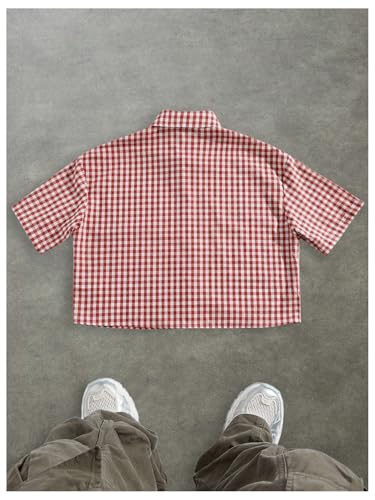 Men's Plaid Shirts Gingham Short Sleeve Button Down Crop Tee Tops2