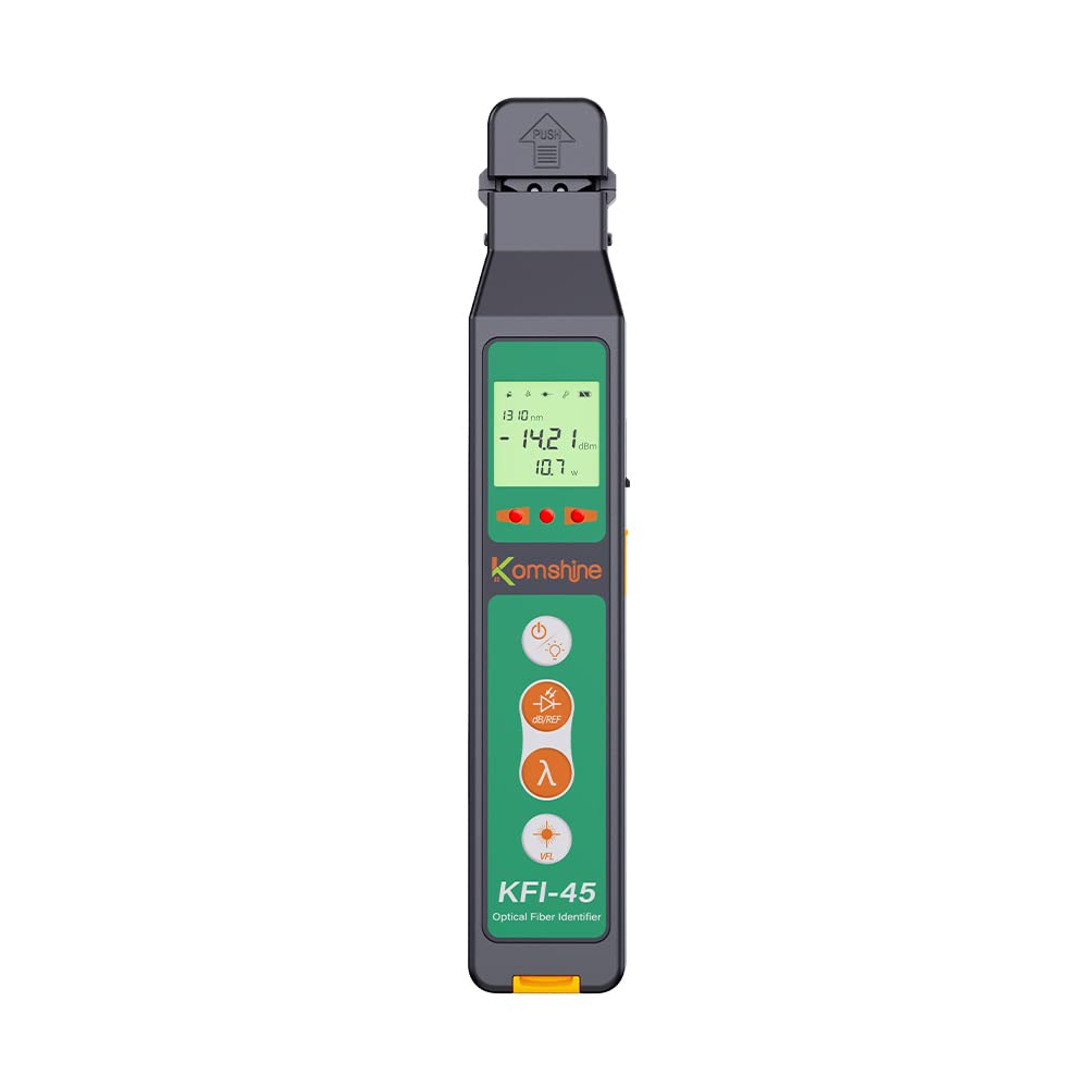 Optical Fiber Identifier Komshine KFI-45 Suit for 0.25/0.9/2.0/3.0mm Fibers+Testing Range: -40dBm-10dBm+ Optical Power Meter OPM Function -70~+10dB Traffic Detector+Visual Fault Locator VFL+LED Light
