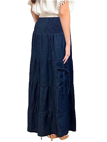 Baby'O Women's' Long Ankle Length Cargo Pocket Smocked Waist Summer Weight Denim Tiered Western Prairie Skirt2