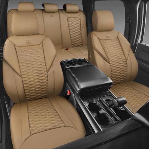 Image of CAR PASS 3D Foam PU Leather Car Seat Covers Full Set,Tan Breathable Faux Leather Seat Covers for Car,Anti Slip Universal Fit for SUVs Vans Sedan Truck Automotive,Armrest Airbag Compatible All Beige