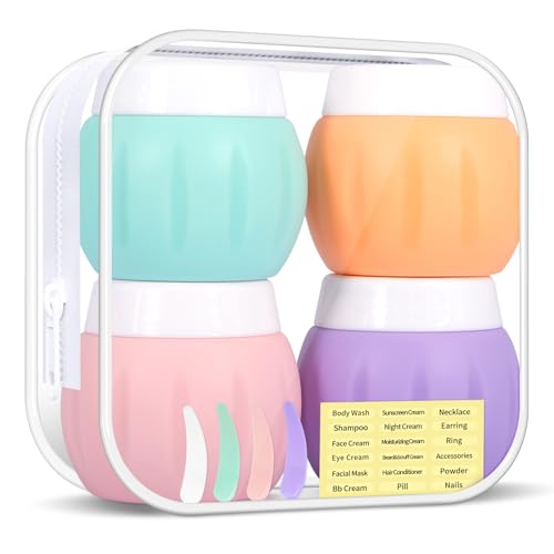 Botella de Viaje de 4 Piezas, Botella de Color Macarrón Capacidad de 4x50 ml, 4 Cucharas y 1 Pegatina Pegajosa Contenedores de Cosméticos y Artículos de Tocador Aplicable a Viajar Playa Cámping