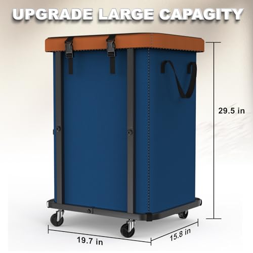 Image of 150L (40 Gal) Fashion Laundry Basket with Wheels, Leather Patchwork Rolling Hamper Carts, Sturdy Metal Frame, Removable Washable Bag, Tall Clothes Sorter for Bedroom, Laundry Room - Navy Blue