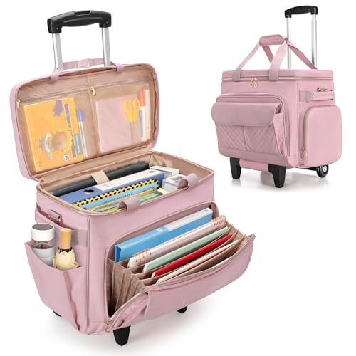 Image of LUXJA Rolling Teacher Bag with Wheels and 15.6 inch Laptop Compartment, Pink | Rolling Briefcase for Women with Accordion File Area, Teacher Tote Bag for Work with Detachable Dolly and Shoulder Strap