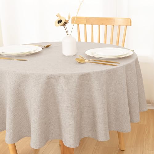 DWCN Nappe Sable Ronde Aspect Lin Lavable Imperméable 140 cm Rond, Facile à Laver et Repasser, Nappe Douce pour Salle à Manger, Jardin en Plein Air Jardin,...