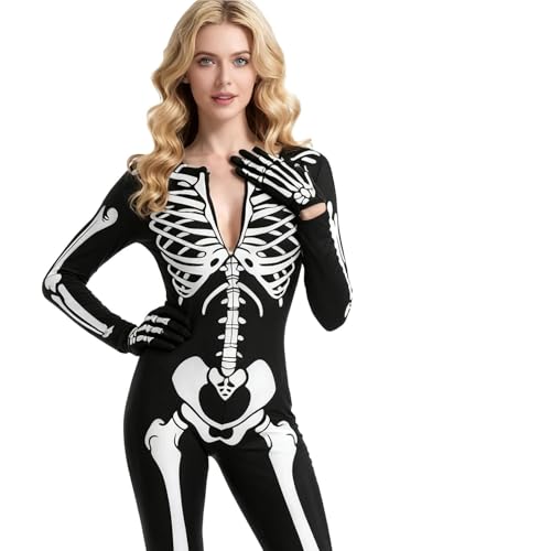【Materiale】Il nostro vestito scheletro donna è realizzato in tessuto di poliestere di alta qualità, comodo, traspirante, resistente e resistente allo sbiadimento