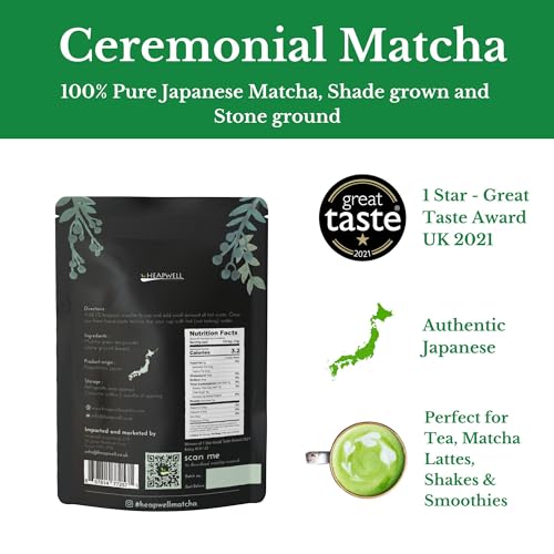 Heapwell Matcha Japanese Ceremonial Grade Green Tea Powder Great Taste Award Winner 2024 Sourced from Kagoshima Japan (30g, 30 Servings)