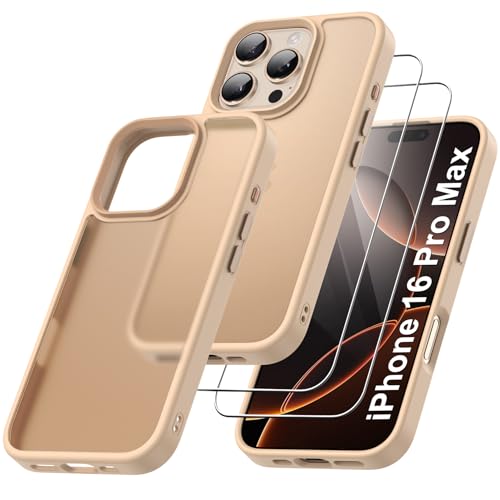 Qasyfanc Mate Funda Compatible con iPhone 16 Pro MAX, Carcasa con Protección de La Cámara y 2 Protector Pantalla, Translúcida Protección Militar Funda PC Anti-Arañazos Caso, Titanio Color Desierto