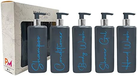 Print Maniacs Mrs Hinch Inspired Signature Grey 500ml Square Reusable Dispenser Bottle Silver Pump Personalised Bathroom Storage Toiletries Set F2 (White, Shampoo and Conditioner)